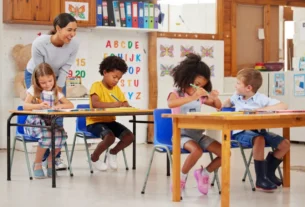 shot of a young woman teaching a class of preschool children